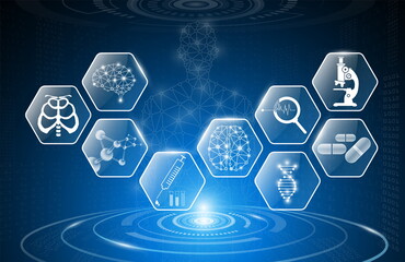 abstract background technology concept in blue light,brain and human body heal ,technology modern medical science in future and global international medical with tests analysis clone DNA human