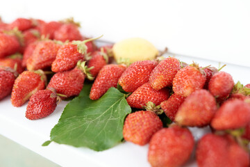 A lot of strawberries and one yellow apricot with green leaf lie on a white windowsill
