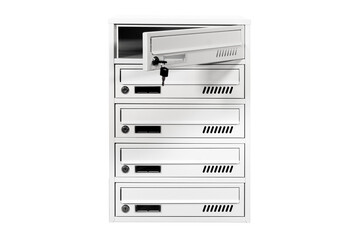 Mail boxes filled of leaflets and letters. Shallow 
 Mailboxes and Lock in Rows at Entrance