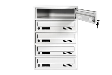 Mail boxes filled of leaflets and letters. Shallow 
 Mailboxes and Lock in Rows at Entrance