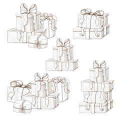 heap of gift boxes isolated on white. hand drawn illustration of christmas gifts tower. Pile of presents sketch, stack of cardboard boxes with bows. holiday decoration, engraved vintage clipart.
