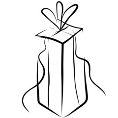 The gift box sketch vector illustration, simple black and white box with bow and fir, present christmas box picture
