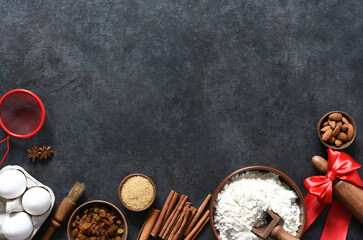 Ingredients for making Christmas baked goods: flour, sugar, eggs. Christmas baking.