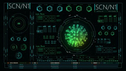CGI holographic interface of coronavirus rotating as data and numbers flickering on screen. Covid-19 research concept - Powered by Adobe