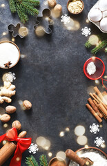 Ingredients for making gingerbread for the new year. Layout of products. Gingerbread man on the kitchen table.