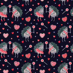 Watercolor seamless pattern with cheerful hedgehogs, hearts, lollipops, candy for Valentine's day, birthday on dark. Great for fabrics, wrapping papers, covers. Pink, red, colors.