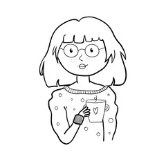 Cute doodle outline girl with a cup of  hot drink.  Can be used as t-shirt print.
