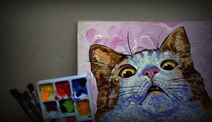 Hand drawn  Art painting Oil color cute cat  background design and  Palette and paintbrush  from...