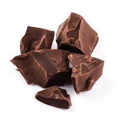 Broken dark chocolate pieces isolated on white background. Confectionery chocolate. Chopped...