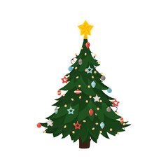 Christmas green tree with garlands and toys. Isolated. Vector.