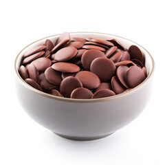 Chocolate chips in a bowl to make chocolate desserts. Side view.