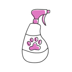 Vector hand drawn icon of pet spray. Cosmetic product for animals, with paw symbol, isolated on white background