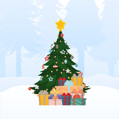 New Year in the snowy forest. Heap of large colorful wrapped gift boxes with ribbon bows lying under the tree. Many gifts for the winter holiday.