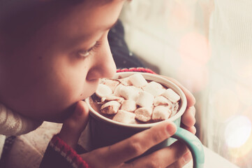 Portrait of a boy with a Cup of cocoa with marshmallows. The concept of comfort.