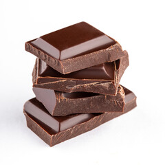 Close up of chocolate pieces stack a on white background. Broken bar of chocolate. Chocolate confection.