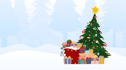 Fototapeta premium New Year in the snowy forest. Heap of large colorful wrapped gift boxes with ribbon bows lying under the tree.