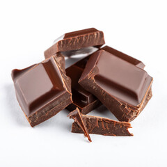 Chocolate pieces and chunks isolated on white background. Chocolate confectionery.