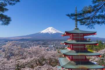 山梨県からの富士山と五重塔と桜
