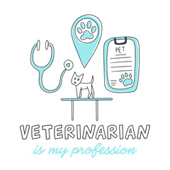 Vector hand drawn illustration, logotype for veterinary clinic or print for shirt. Dog, stethoscope, paw, geolocation sign and text, isolated on white background