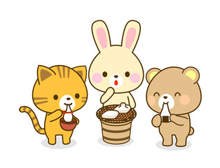 餅を食べる動物のイラスト