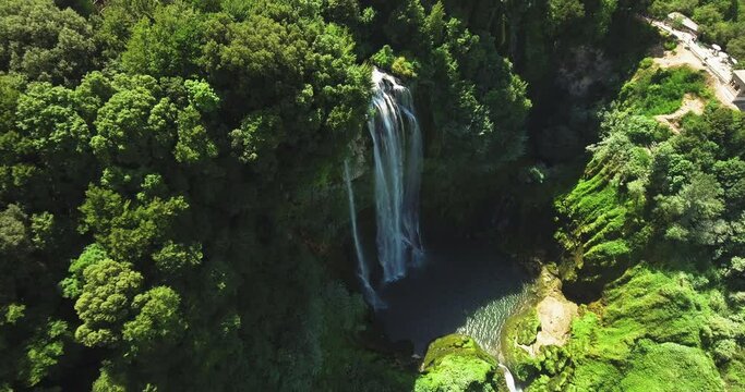 Aerial view around the Cascate delle Marmore waterfall, in Umbria, Italy - circling, drone shot