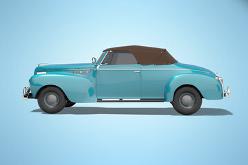 Fototapeta na wymiar 3d rendering blue classic convertible leather car side view isolated on blue background with shadow