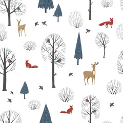 Seamless pattern with winter forest animals and trees. Winter lanscape. - 399220629