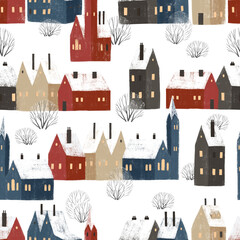 Seamless pattern with winter houses and trees. Winter lanscape.