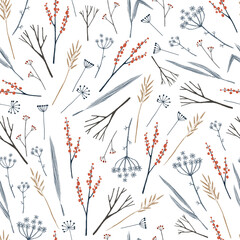 Seamless pattern with winter dry herbs and berries. Winter lanscape. - 399220690