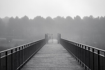 Fototapeta na wymiar Bridge in the fog on the way to the forest.
