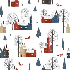 Seamless pattern with winter houses and trees. Winter lanscape.