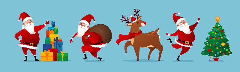 Santa Claus, Merry Christmas and Happy New Year Greeting Vector Characters. Rudolph Deer and Christmas Characters