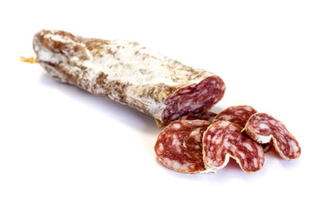 Hard salami isolated on white background