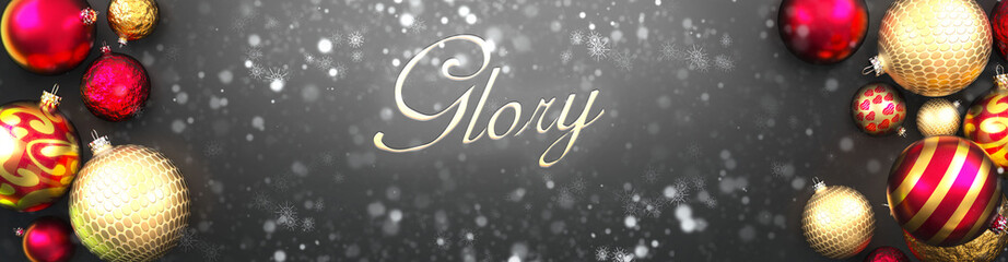 Glory and Christmas,fancy black background card with Christmas ornament balls, snow and an elegant word Glory, 3d illustration
