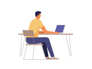 Young man working on the computer programmer, business analysis, design, strategy. Vector illustration.