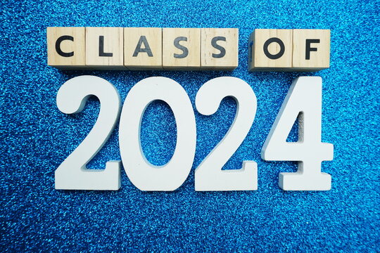 Class of 2024 word alphabet letters on blue glitter background
