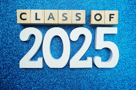 Class of 2025 word alphabet letters on blue glitter background