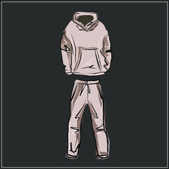 Fototapeta na wymiar Beige tracksuit. Fashionable hoodie. Basic wardrobe. Clothing store. A set of different items of clothing, shoes, bags, accessories. Vector isolated images.