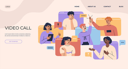 Video call landing page concept, banner of online chatting, conference with remote workers team at desktop, group of men and women have meeting, work from home. Vector illustration abstract background