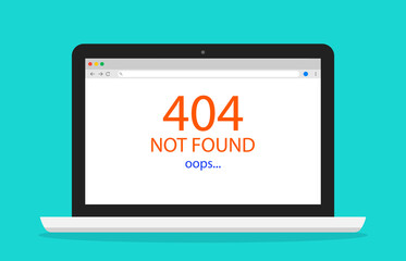 404 error. Page not found in internet. Web oops in laptop screen. Broken of network or website on computer. Trouble message in browser. Death of ethernet connection or hosting. Vector