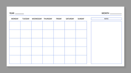 Month planner template. Blank calendar for 2021 year. Page for agenda. Calender with grid on wall. A4 planner for month and year. Organizer with days of week for planning. Schedule of work. Vector