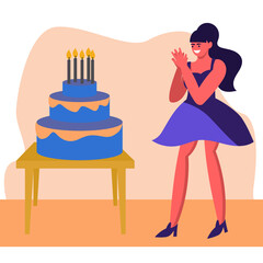 The girl was given a birthday cake, the girl is happy with the gift, claps her hands. Happy birthday girl. The concept of the celebration. Vector illustration is flat.