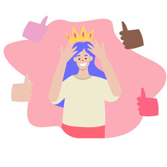 The girl on the head put on a crown, happy girl, get recognition. approval, get a like in social networks. Vector flat illustration