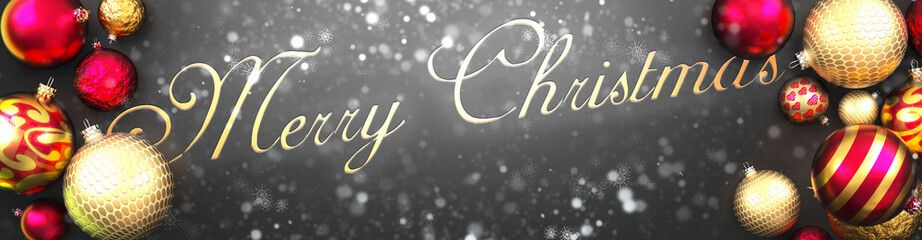 Fototapeta na wymiar Merry christmas elegant, black background card, ornament balls, snow and a fancy font word Merry christmas, 3d illustration