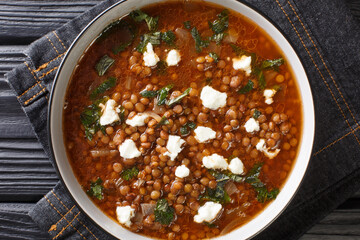 Delicious soup with brown lentils and feta close-up in a plate on the table. horizontal top view from above