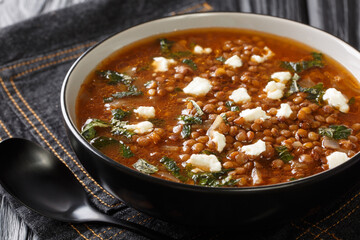 Greek traditional lentil soup with feta, vinegar and olive oil close-up in a plate on the table....