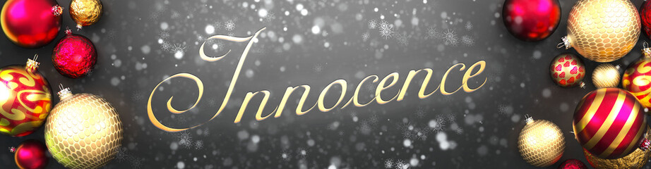 Innocence and Christmas,fancy black background card with Christmas ornament balls, snow and an elegant word Innocence, 3d illustration