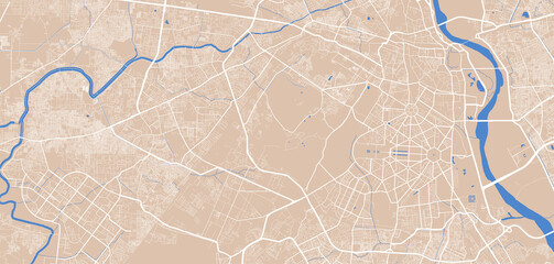 Detailed map of Delhi city, linear print map. Cityscape panorama.