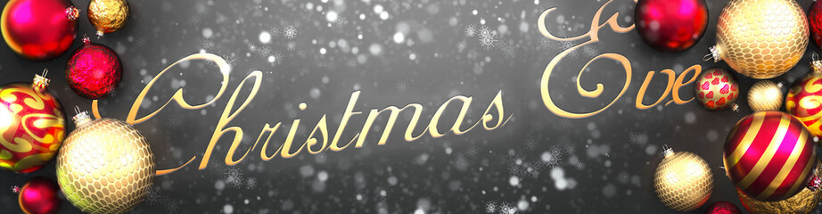 Christmas eve elegant, black background card, ornament balls, snow and a fancy font word Christmas eve, 3d illustration