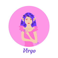 Virgo zodiac sign. Elf girl with foliage in her hair and in a pink dress.
